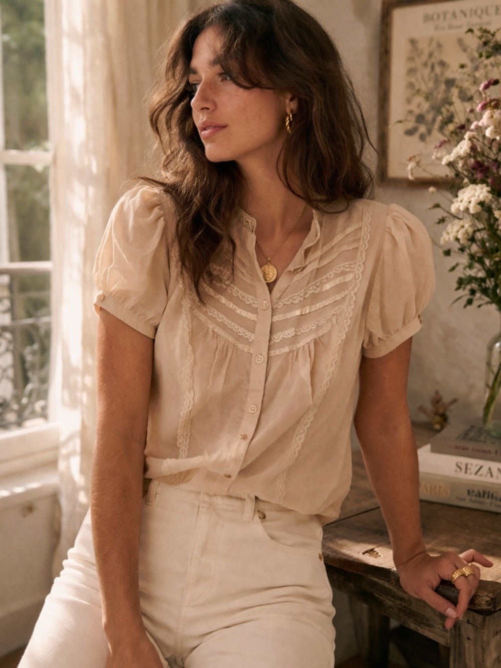 Silk Lace Blouse in Cream Medium